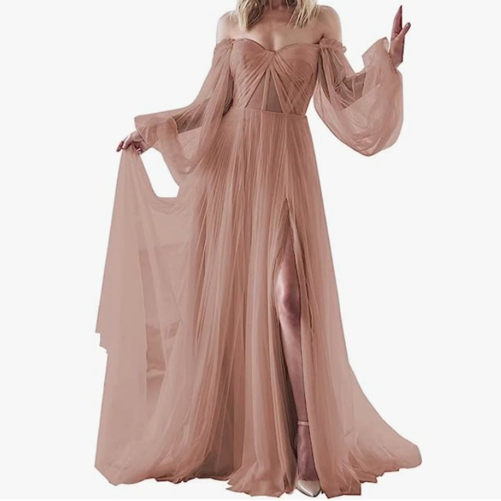 Long Sleeve Tulle Wedding Dress for Bride Puffy Sleeve Prom Dress Ball Gown Form